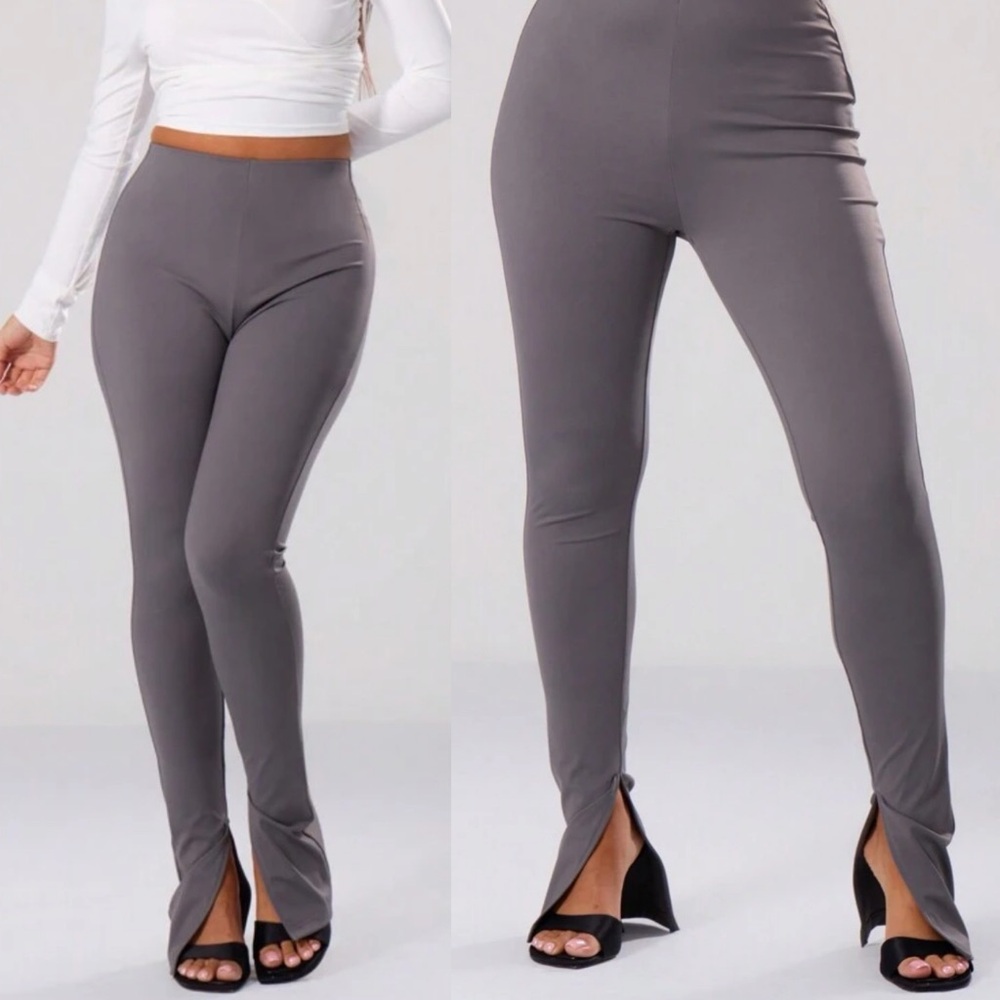 Gray split hem thick material stretch flare legging pants - high waisted